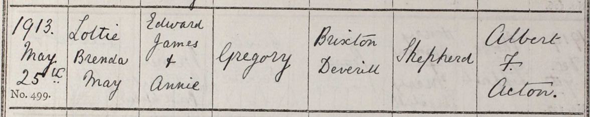 1913 Christening - Lottie Brenda May Gregory