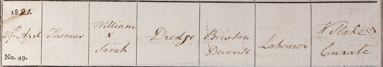 1821 Christening - Thomas Dredge